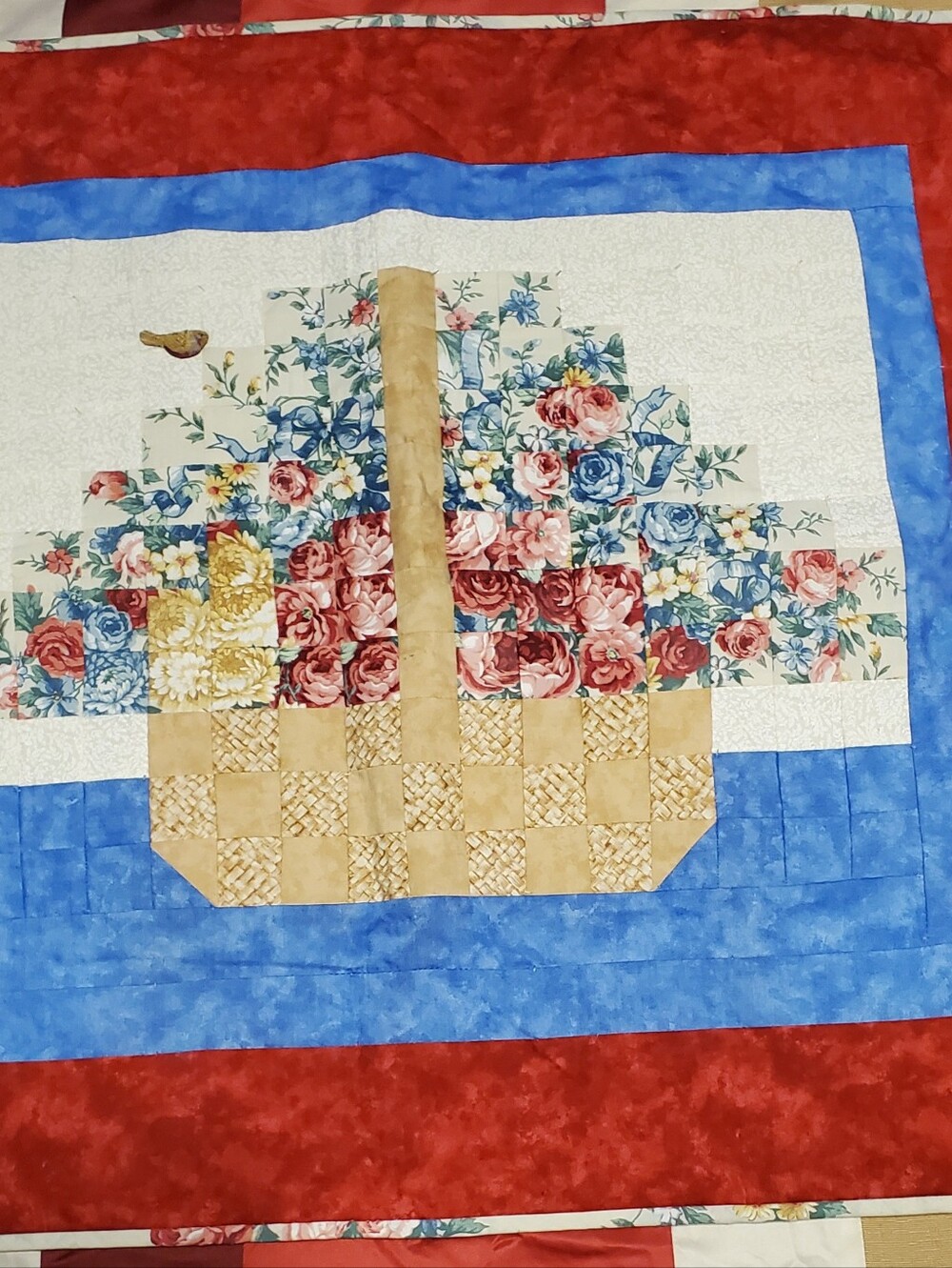 Vintage Handmade Quilt Top Small Wall Hanging Floral Flower Basket Block